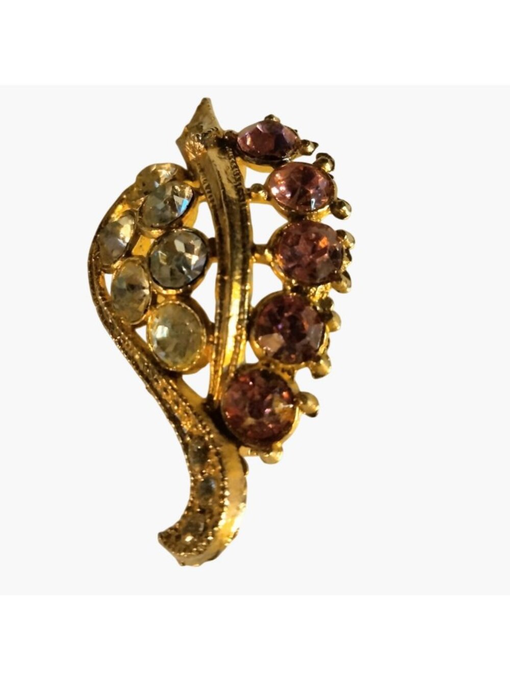 Rhinestone Pin Leaf Brooch Pink ClearCrystal Vintage Gold Tone - Picture 2 of 7